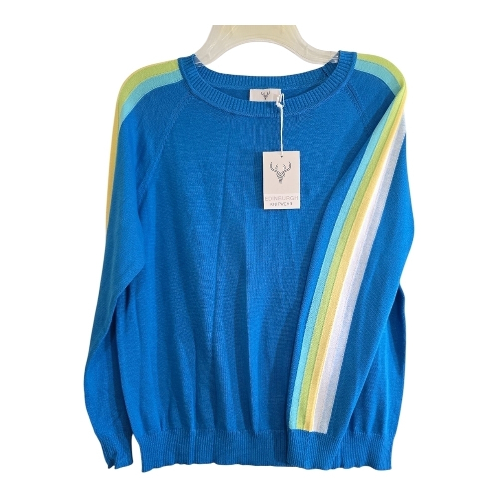 NWT Edinburgh Knitwear Blue Sweater with Arm Stripes Pima Cotton
